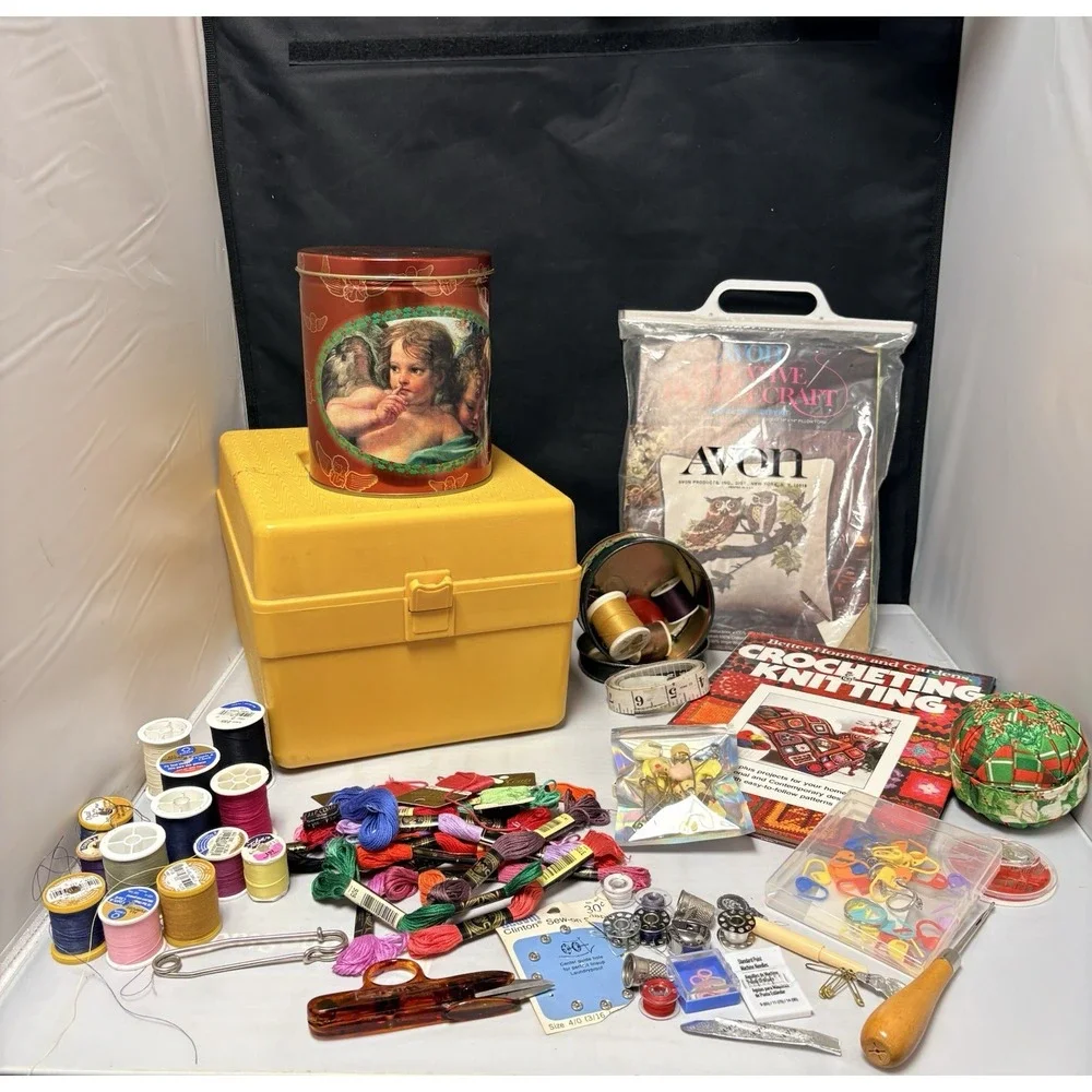 Vintage Wilson WIL-HOLD Sewing Box With Notions Storage Caddy Yellow FILLED Lot